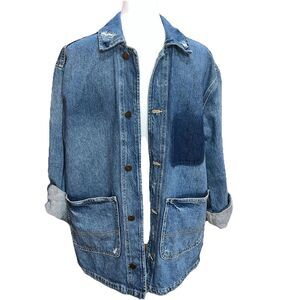 Zara Oversized Patchwork Denim Jacket Blue Button Front Pockets Y2K Style Men S